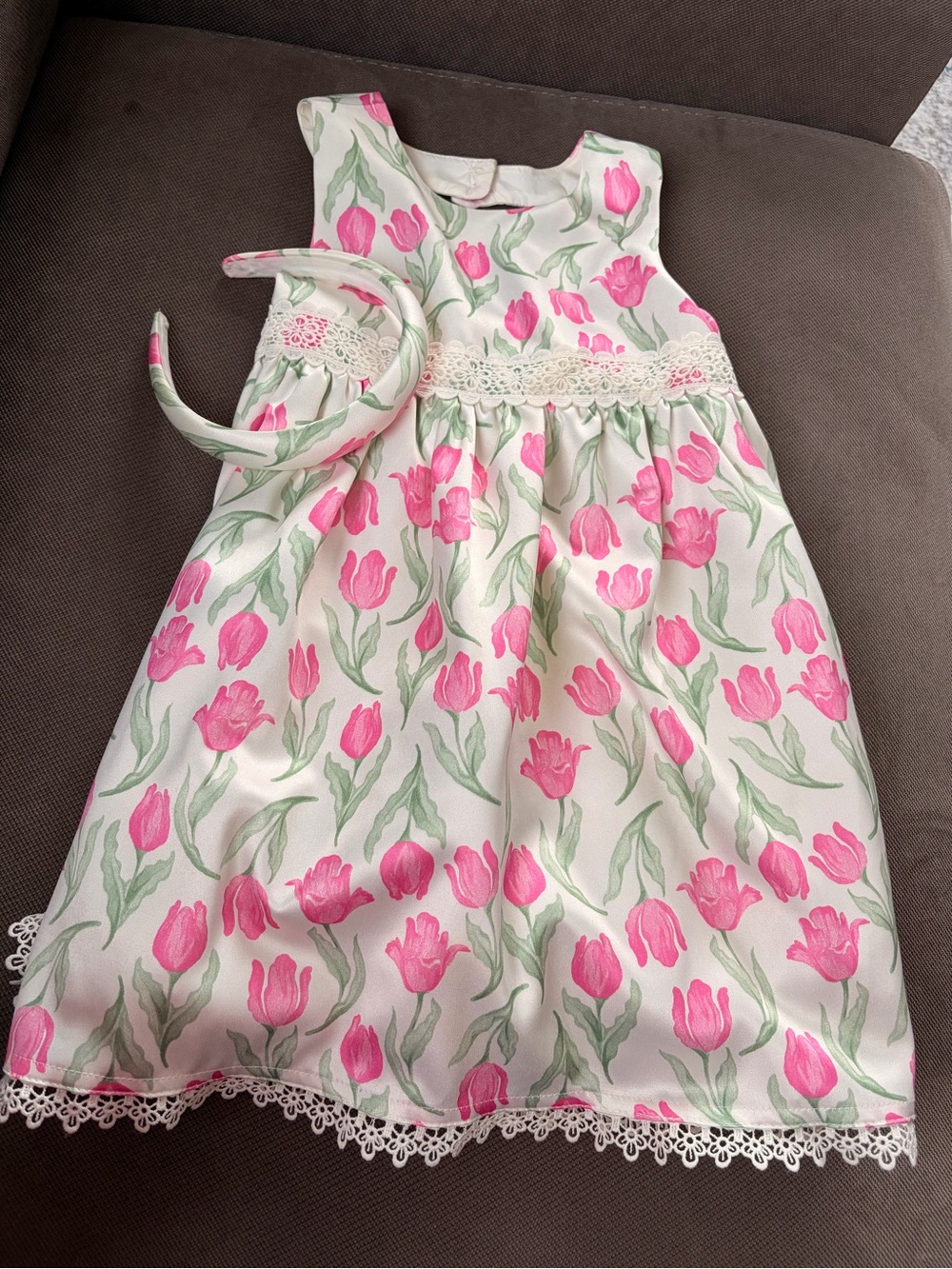 Rachel Zoe Cream Dress with Pink Tulip Print and Green Leaves